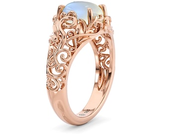 Moonstone Engagement Ring: 14K Rose Gold Filigree Design