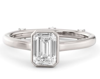 Solid White Gold Dainty Emerald Cut Lab Diamond Engagement Ring