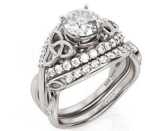14K Gold Trinity Knot Diamonds Engagement Ring Set: Celtic Halo Bridal