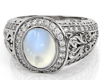 Moonstone Moissanite Ring, Moonstone Halo Ring, 3666