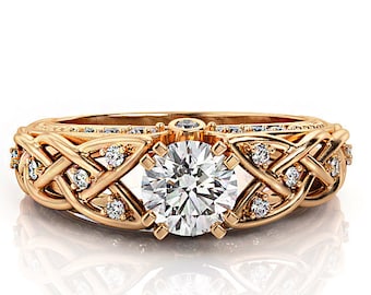 14K Gold Celtic Moissanite Engagement Ring: Braided Filigree Halo