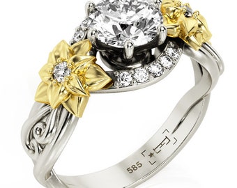 Leaves & Flowers Diamond Engagement Ring: Two Tone 14K Gold