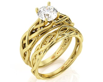 Braided 14K Gold Diamond Engagement Ring Set: Celtic Wedding