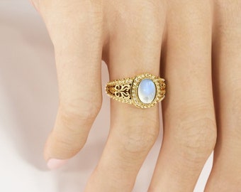 Moonstone Halo Ring, Moonstone engagement ring, Yellow gold Moonstone ring, 3666