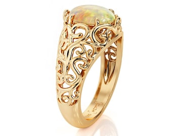 Victorian Opal Engagement Ring: 14K Rose Gold Filigree