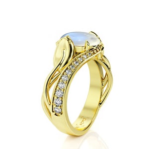 Mondstein Verlobungsring, Gelbgold Verlobungsring, Mondstein Blatt Ring, Einzigartiger Verlobungsring, Mondstein Blätter Ring, 3818