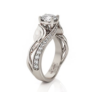 White Gold Leaves Engagement Ring set with 1ct Moissanite, 3818ed