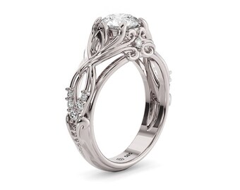 Filigree Moissanite Engagement Ring: 14K White Gold Vintage Style
