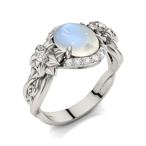 Moonstone engagement ring, Flower Engagement Ring, Moonstone Flower ring, Unique engagement ring, White Gold Moonstone ring, 2072
