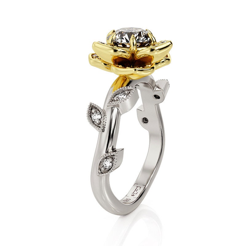 Lotus Engagement Ring Two Tone Ring Vintage Engagement Ring | Etsy