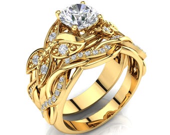 Butterfly Moissanite Engagement Ring Set: 14K Yellow Gold Wedding Band