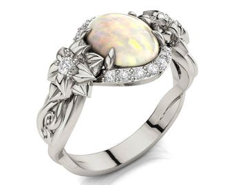 Opal engagement ring, Flower Engagement Ring, Opal Flower ring, Unique engagement ring, Opal leaves ring, White Gold Opal ring, 2072