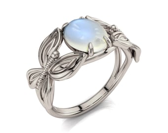 Butterfly Moonstone Engagement Ring: Handmade 14K White Gold
