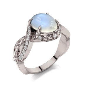 Moonstone engagement ring, Art Deco Engagement Ring, White Gold Moonstone ring, Unique engagement ring, Filigree engagement ring, 2046gag