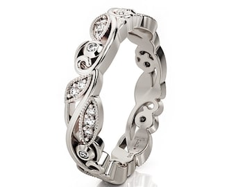 Filigree Leaf Wedding Band: Vintage Style Moissanite Ring