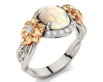 Opal Flower Engagement Ring: Two-Tone 14K Gold Leaves Ring