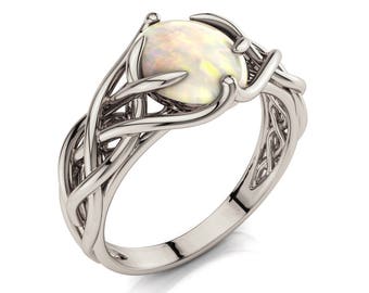 Celtic Opal Engagement Ring: 14K White Gold Braided Filigree Ring
