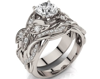 Butterfly Moissanite Engagement Ring Set: 14K White Gold Wedding Jewelry