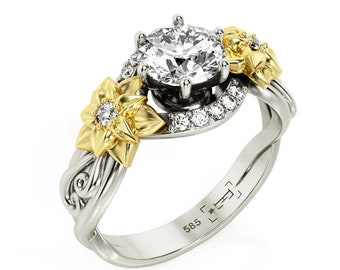 Leaves & Flowers Moissanite Engagement Ring: Two Tone 14K Gold