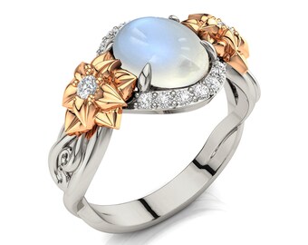 Moonstone Flower Engagement Ring: Two-Tone 14K Gold