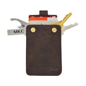 IPPINKA MKC Billetera minimalista con llavero con pestaña extraíble / Organizador de cuero todo en uno para llaves, tarjetas, efectivo (vintage marrón)