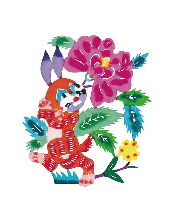 chinese paper cutting rabbit set of 5 chinoiserie design inspiration craft card scrapbook wall art instant download paper cutting flower design