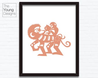 Chinese Zodiac Monkey, Astrology Animal Sign, Birthday Year printable posters, paper cutting style, Birthday gift ideas
