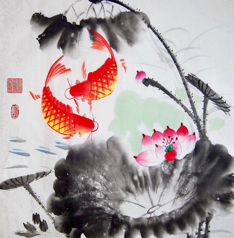 Original Chinese Painting of Lotus Koi Fish Oriental Art Ink Etsy