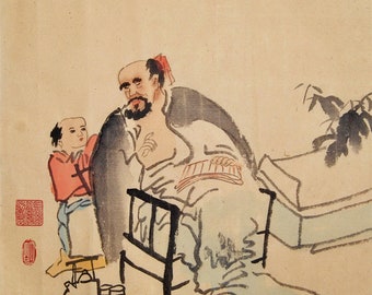 Original Chinese Painting of Father Son Reading Time, Oriental Art, Ink Painting on Rice Paper, Brush Painting, Wall Art, Home Decor
