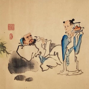 Original Chinese Painting of Father Son Tea Time, Oriental Art, Ink Painting on Rice Paper, Brush Painting, Wall Art, Home Decor