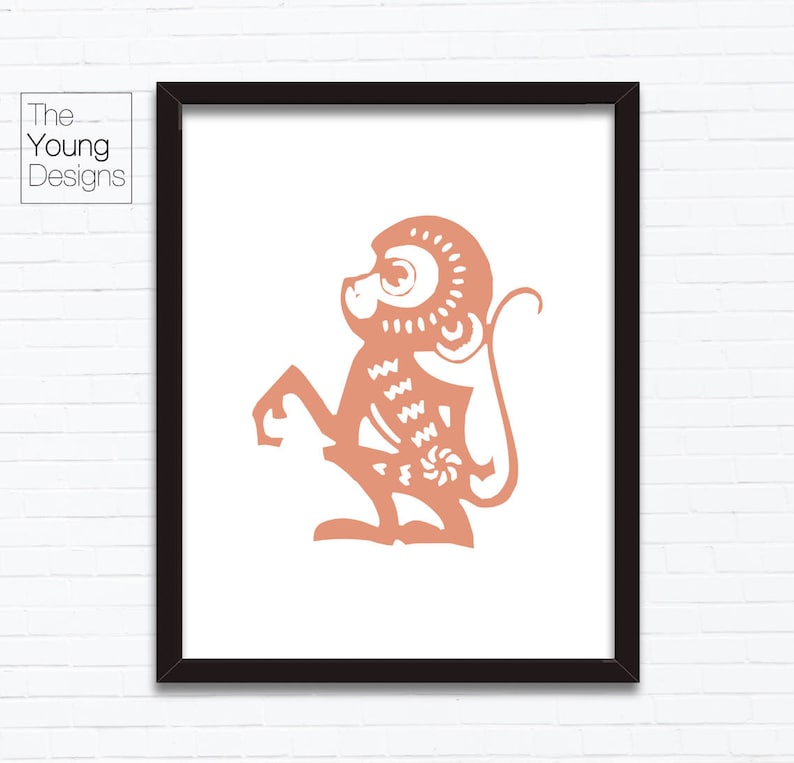 paper cutting style Astrology Animal Sign Birthday Year printable posters Chinese Zodiac Monkey Birthday gift ideas
