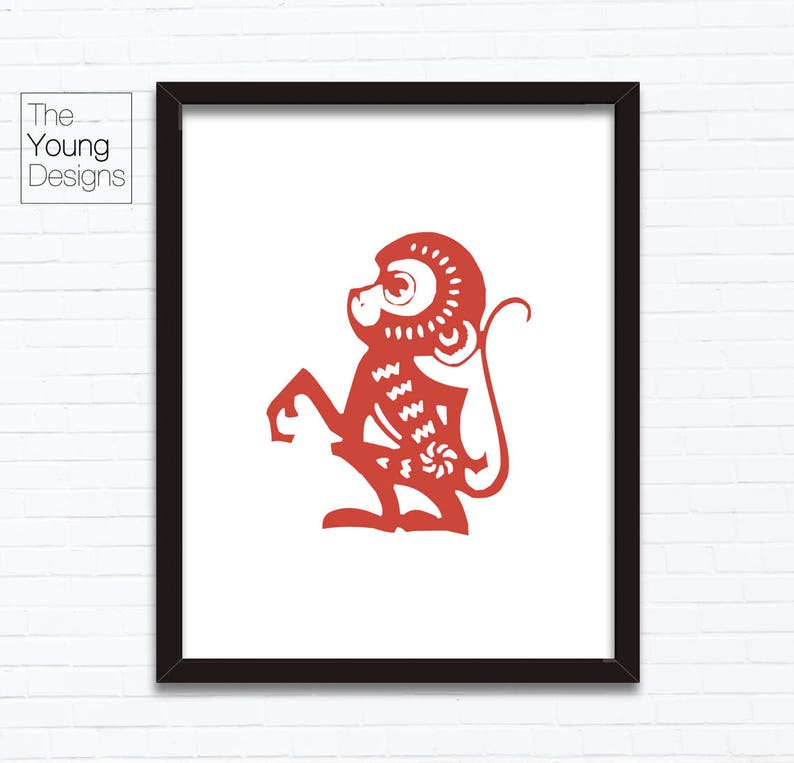 paper cutting style Astrology Animal Sign Birthday Year printable posters Chinese Zodiac Monkey Birthday gift ideas