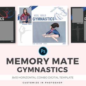Puede incluir: Una plantilla digital para un recuerdo de gimnasia. La plantilla es de 20,32 x 25,4 cm y tiene un diseño horizontal. La plantilla es personalizable en Photoshop. La plantilla presenta un esquema de color azul y blanco con un logotipo de cabeza de caballo y el texto "XCEL GOLD GYMNASTICS".