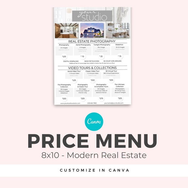 Canva Home Real Estate Multi Service "Modern" Price Menu - 8x10 Digital Template for CANVA / Price List for Photographers / Price Guide