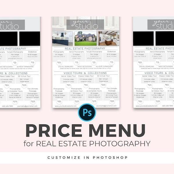 Home Real Estate Multi Service "Modern" Price Menu - 8x10 Digital Template for Photoshop / Price List for Photographers / Modern Price Guide