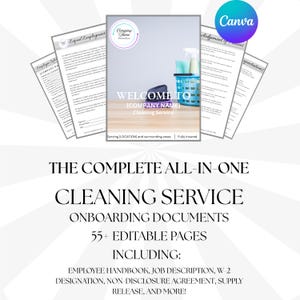 May include: A collection of cleaning service onboarding documents. The documents include an employee handbook, job description, and non-disclosure agreement. The image features a cleaning supply basket and the text "WELCOME TO [COMPANY NAME] Cleaning Service."