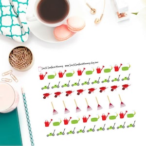 Plannerstickers voor tuinonderhoud | 50 stickers tuinieren en karwei | Functionele stickers grasmaaier Gieter Kruiwagen harken
