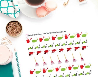 Plannerstickers voor tuinonderhoud | 50 stickers tuinieren en karwei | Functionele stickers grasmaaier Gieter Kruiwagen harken