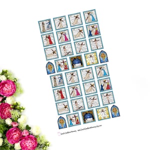 May include: A set of 20 colorful stained glass stickers depicting the Stations of the Cross. Each sticker features a different scene from the story of Jesus' journey to the cross. The stickers are perfect for adding a touch of faith to your home decor, planner, or Bible.