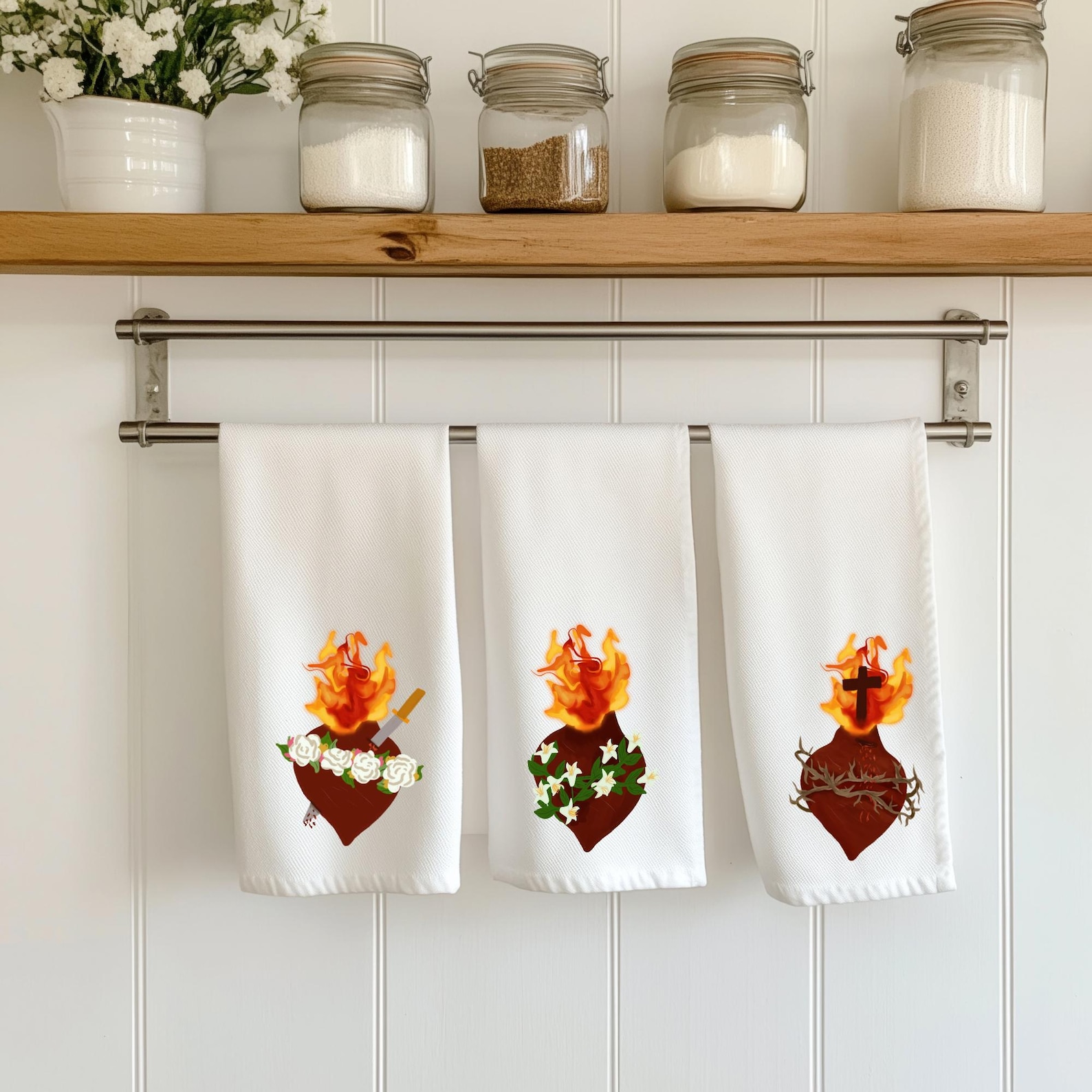 Sacred Hearts Trio — Flour Sack Towel Set | Sacred & Immaculate Hearts | Catholic Gift for Kitchen Home | Faithful Family Décor - Sacred Heart ofJesus