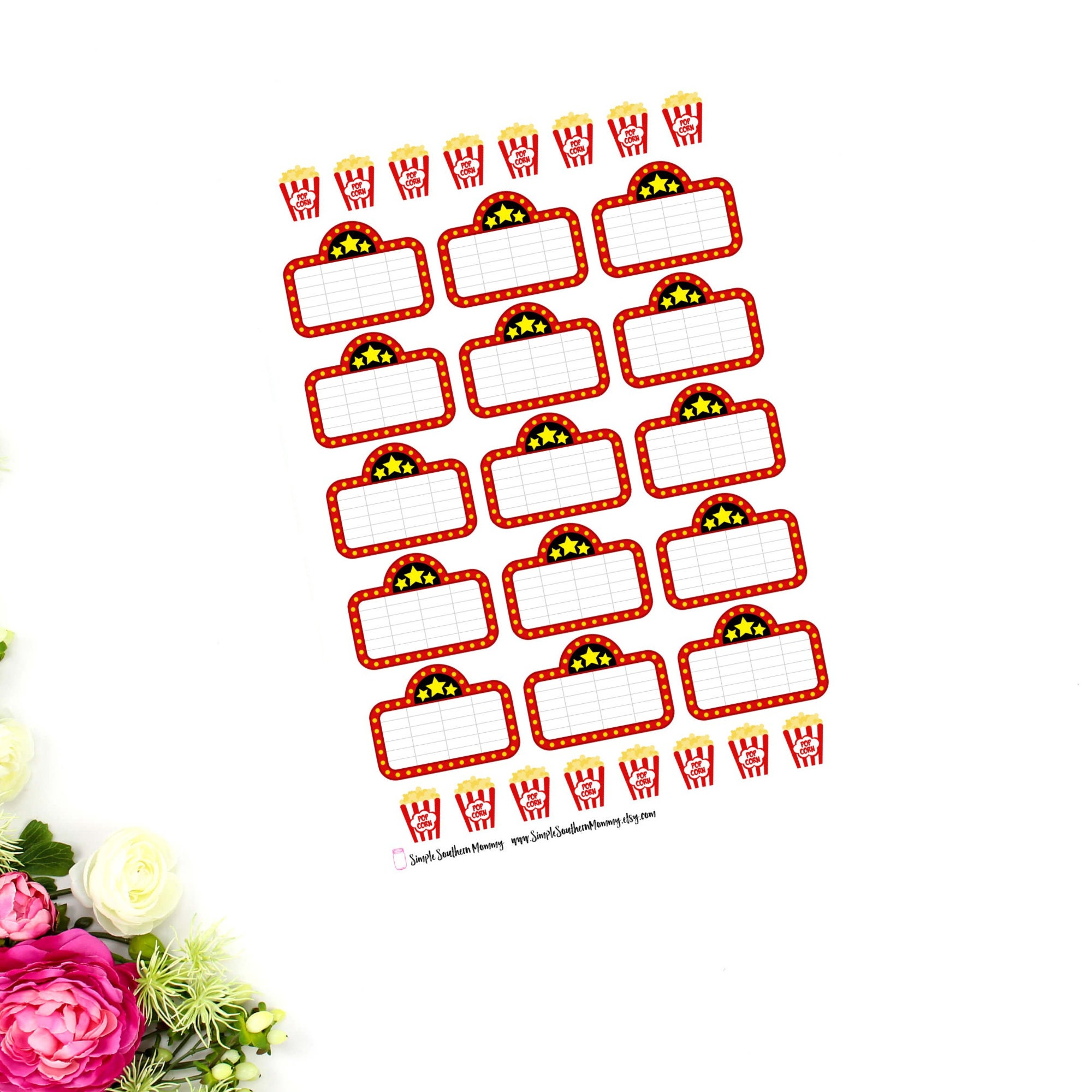 Movie Night Marquee and Popcorn Stickers Planner Stickers Mom Life ...
