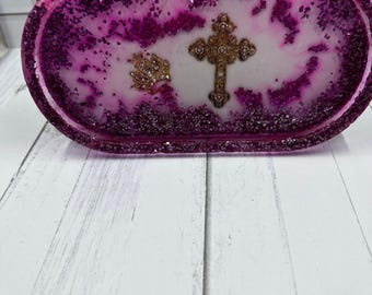 Daughter of God Keepsake Tray | Christian Pink Resin Dish | Cross Trinket Tray | Faith Gift