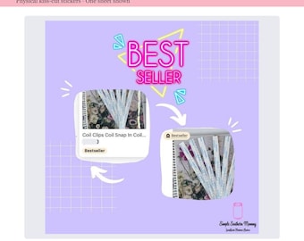 May include: A sheet of physical kiss-cut coil clips stickers on a light purple background. The image features the text "BEST SELLER" in neon pink and yellow, along with two inset photos showing the clips inserted into a spiral-bound planner.