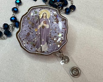 Personalized Catholic Badge Reel or Phone Grip | Custom Saint Design | Choose Shape, Color & Finish | Nurse Teacher ID Holder | Faith Gift