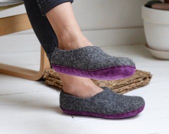 Ready to ship EU40 size warm women dark grey slippers with lavender suede sole - ecofriendly woman slippers