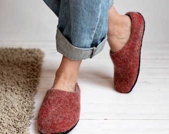 Women wool boiled slippers in red color with black rubber sole, hygge indoor warm shoes gift for Mothers day