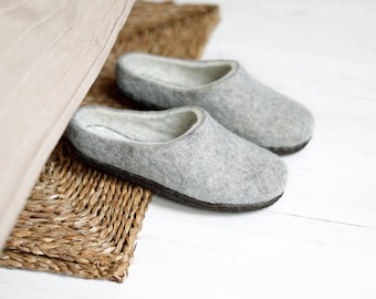 Ready to ship US 6.5 / EU 37 boiled wool slippers for women with brown rubber sole