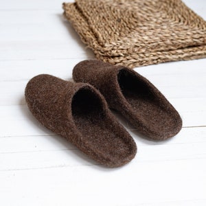 Boiled wool warm woman step in slippers with latex sole sustainable Scandinavian style brown slippers image 1