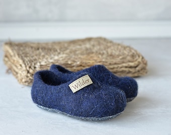 Personal wool kids slippers in dark blue color, felt walker baby slippers with latex coating, baby shower gift or birthday gift