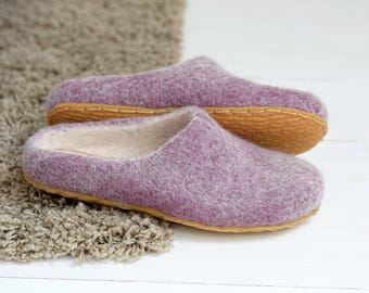 Pantufas de Lã Cozida: Sapatos de Lã Feltrada Roxa, Solado Natural